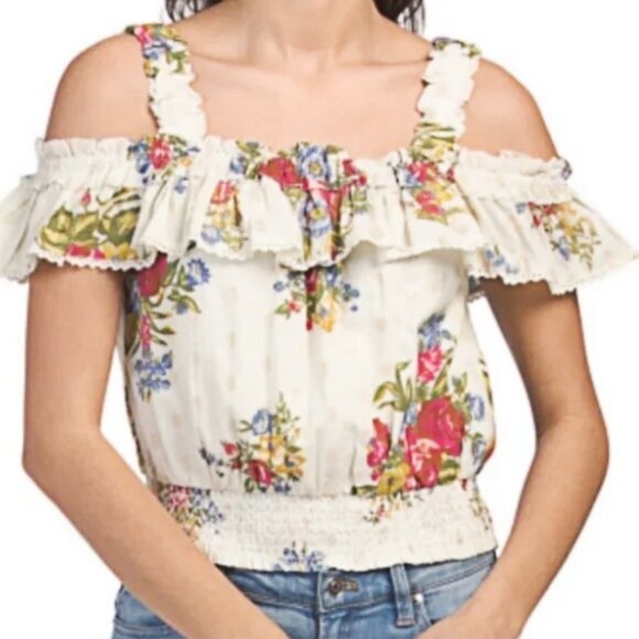 House Of Harlow Helena Ivory Floral Ruffle Top Gold Metallic Size M - Picture 1 of 7